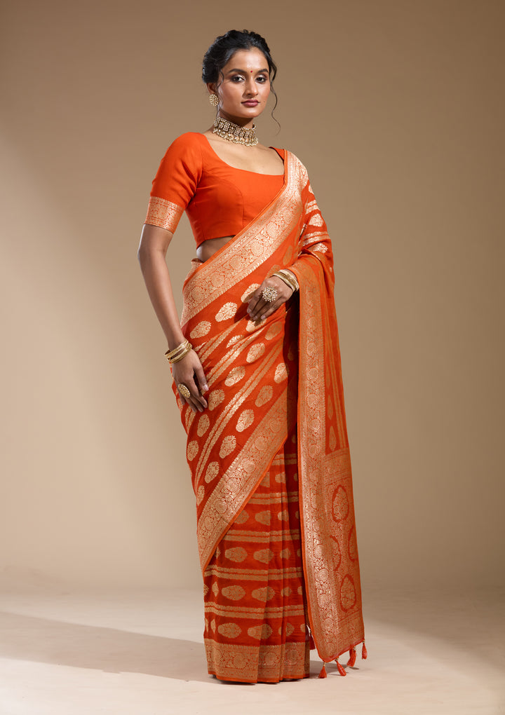 Orange Georgette Buti Stonework Saree With Matching Blouse Piece