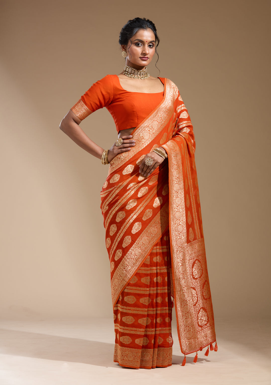 Orange Georgette Buti Stonework Saree With Matching Blouse Piece