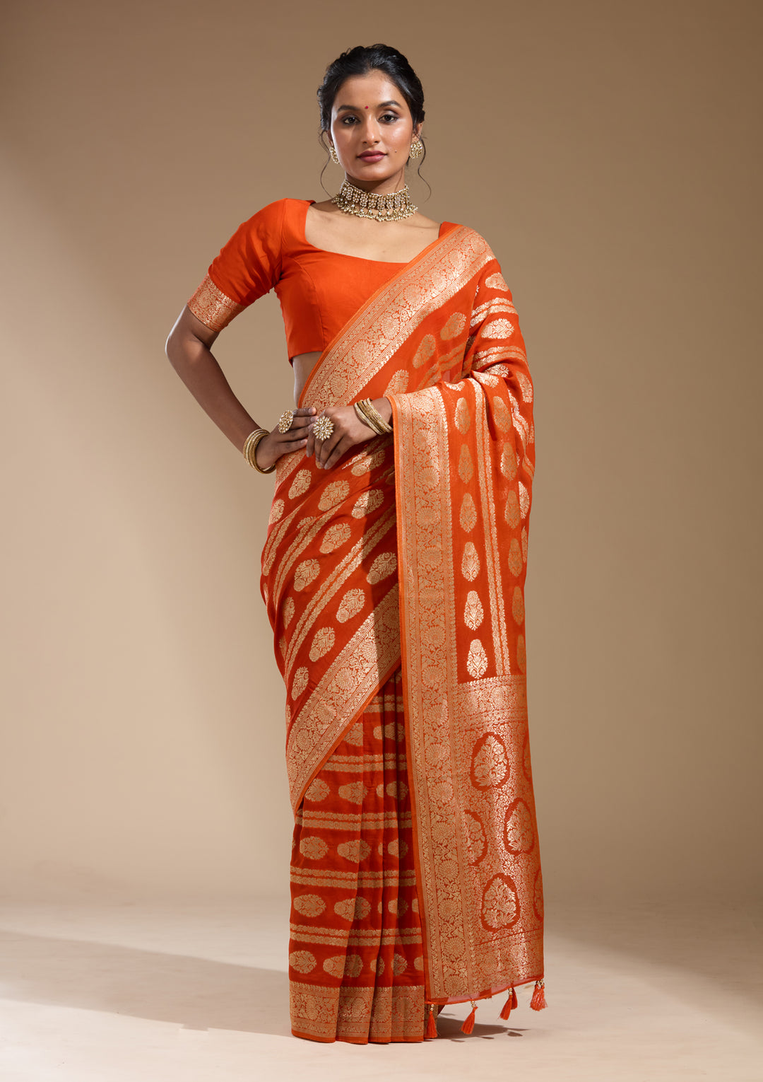 Orange Georgette Buti Stonework Saree With Matching Blouse Piece
