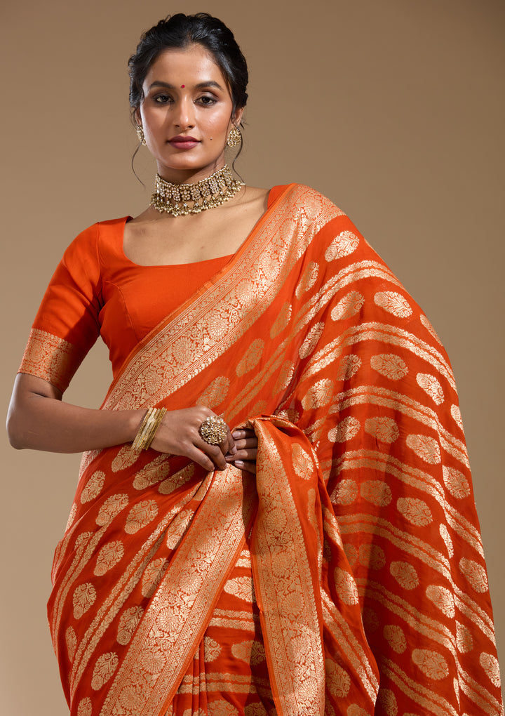 Orange Georgette Buti Stonework Saree With Matching Blouse Piece