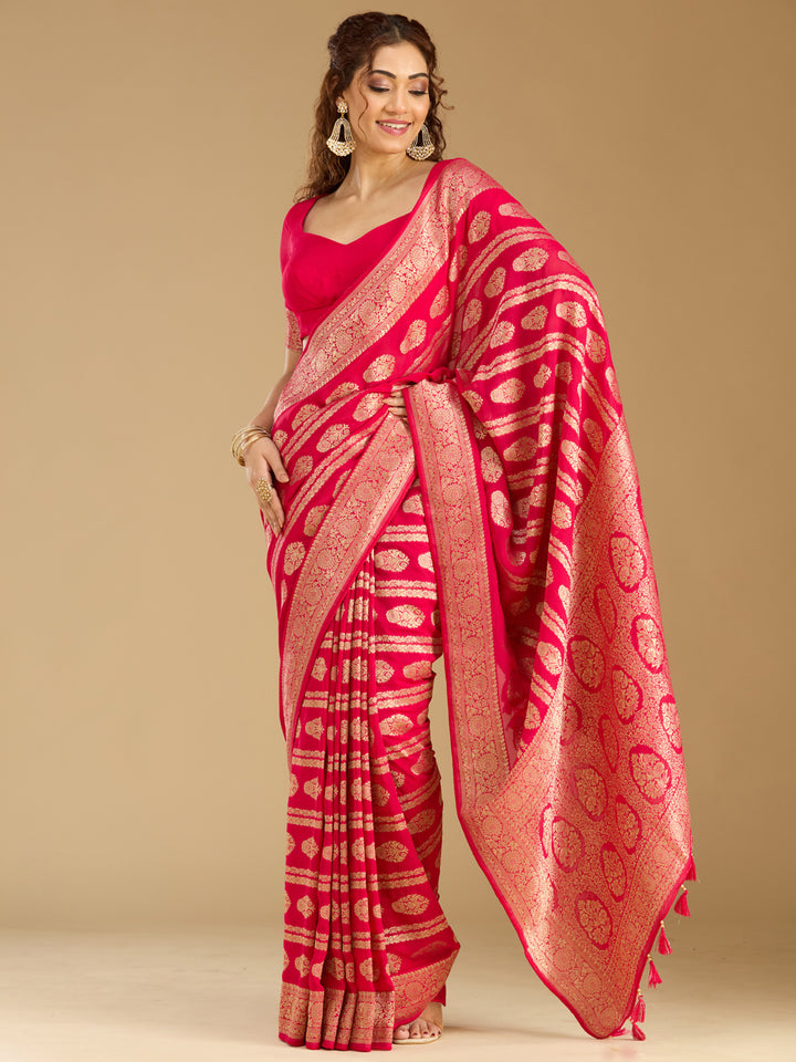 Rani Pink Georgette Buti Stonework Saree With Matching Blouse Piece