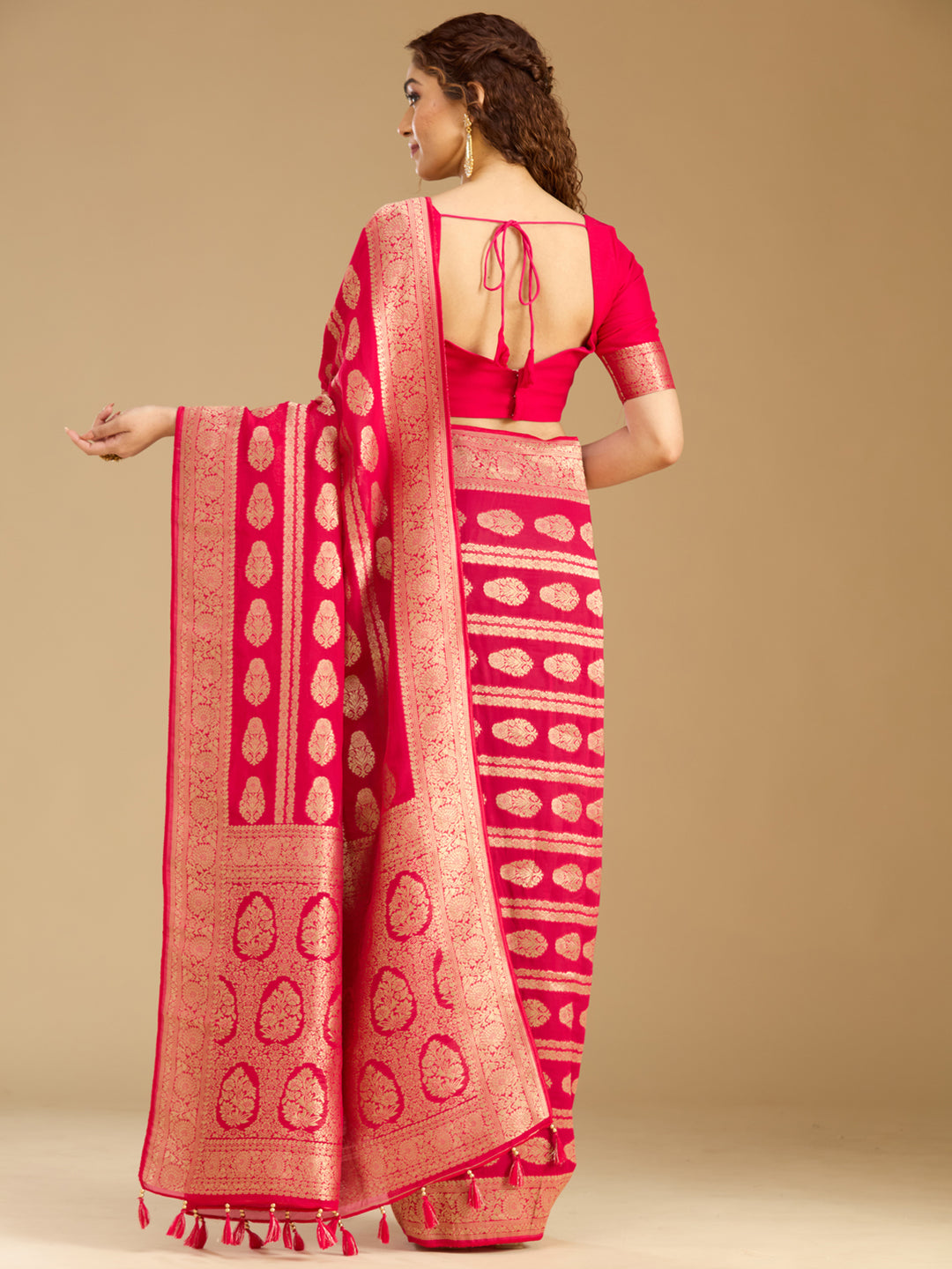 Rani Pink Georgette Buti Stonework Saree With Matching Blouse Piece