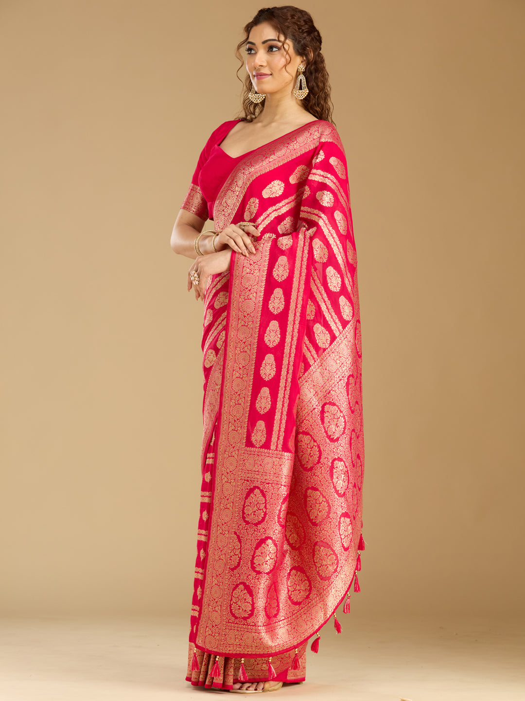 Rani Pink Georgette Buti Stonework Saree With Matching Blouse Piece