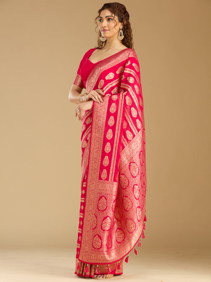 Rani Pink Georgette Buti Stonework Saree With Matching Blouse Piece