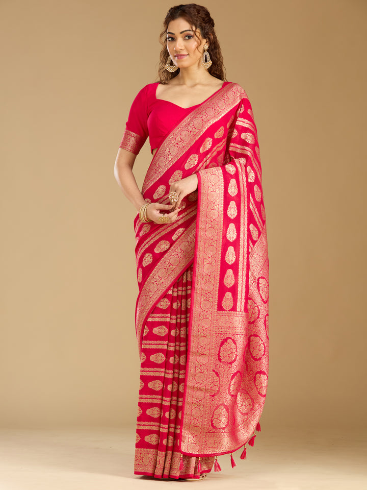 Rani Pink Georgette Buti Stonework Saree With Matching Blouse Piece