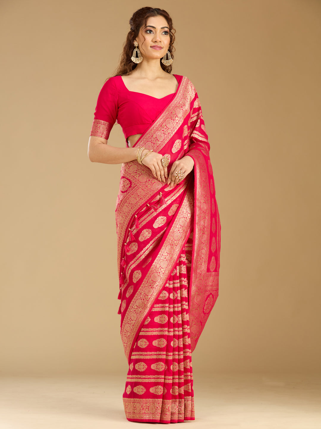 Rani Pink Georgette Buti Stonework Saree With Matching Blouse Piece
