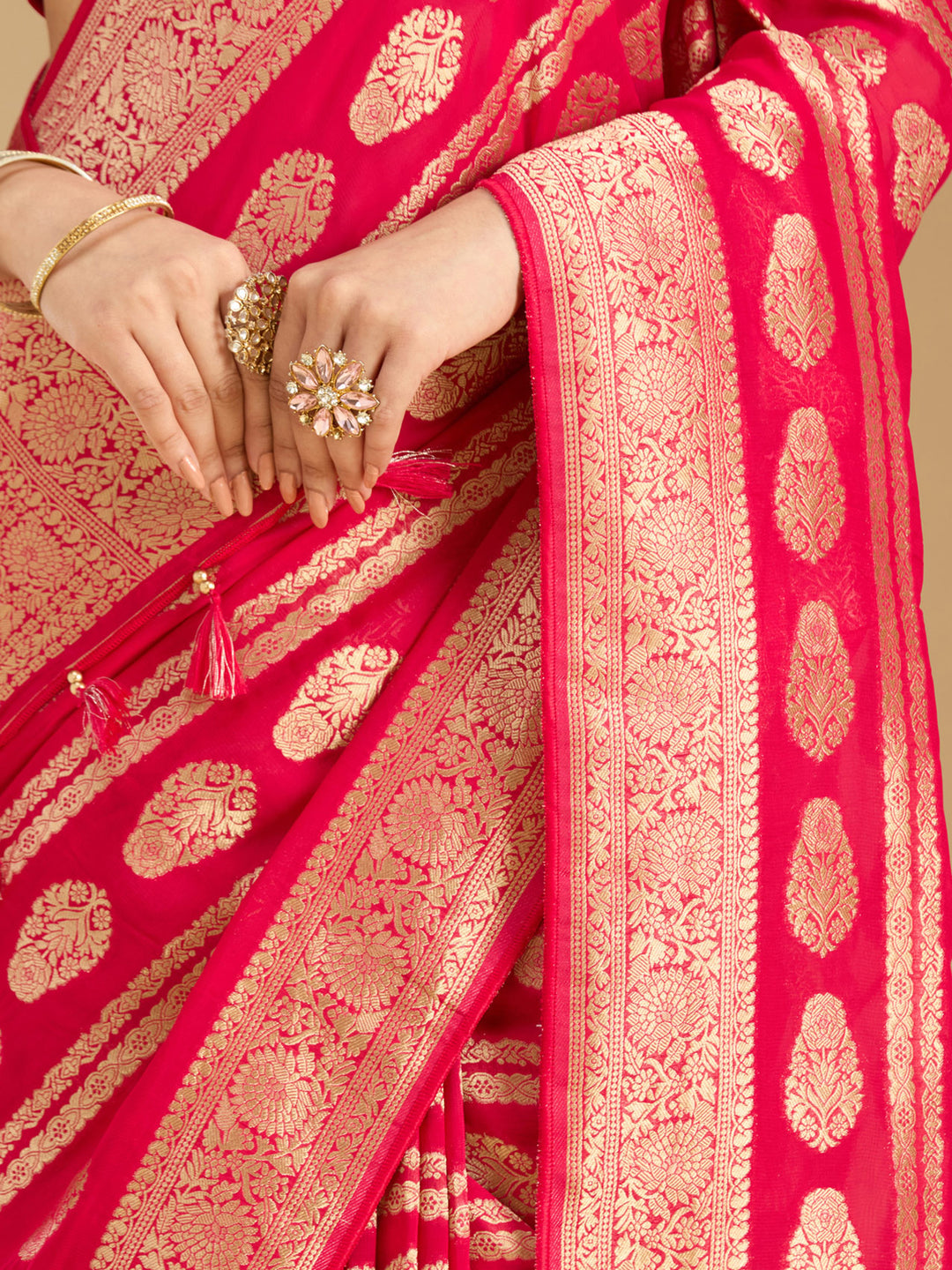 Rani Pink Georgette Buti Stonework Saree With Matching Blouse Piece