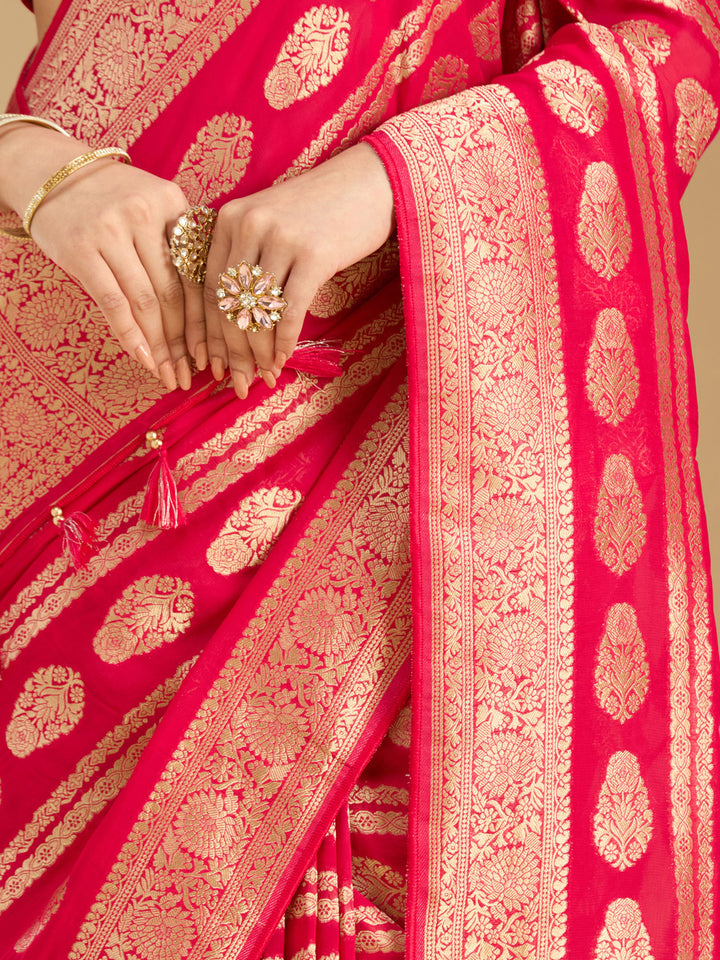 Rani Pink Georgette Buti Stonework Saree With Matching Blouse Piece