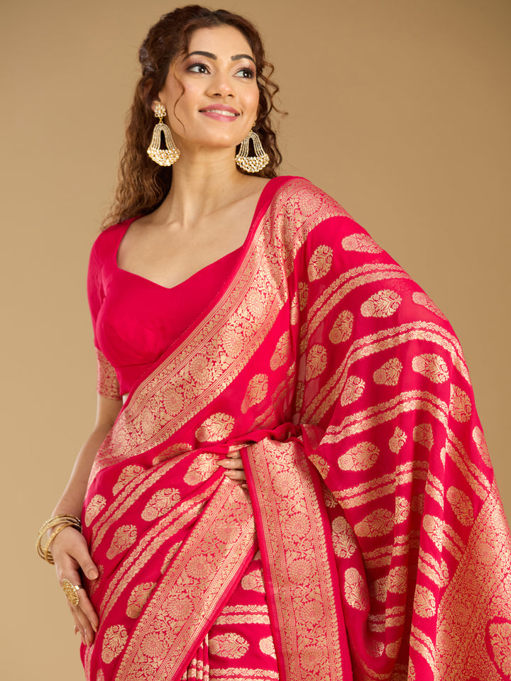 Rani Pink Georgette Buti Stonework Saree With Matching Blouse Piece