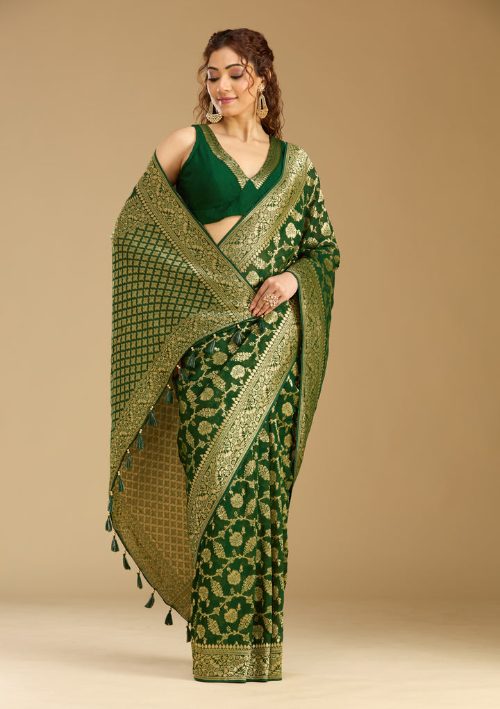 Bottle Green Georgette Jaal Gold Zariwork Saree With Matching Blouse Piece