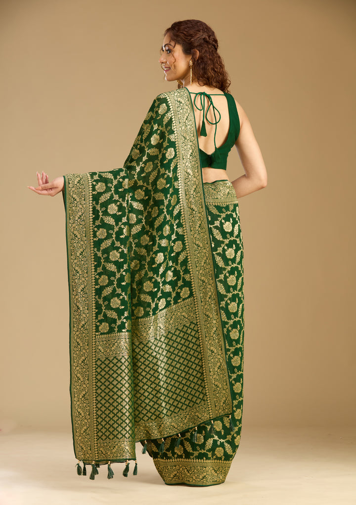 Bottle Green Georgette Jaal Gold Zariwork Saree With Matching Blouse Piece