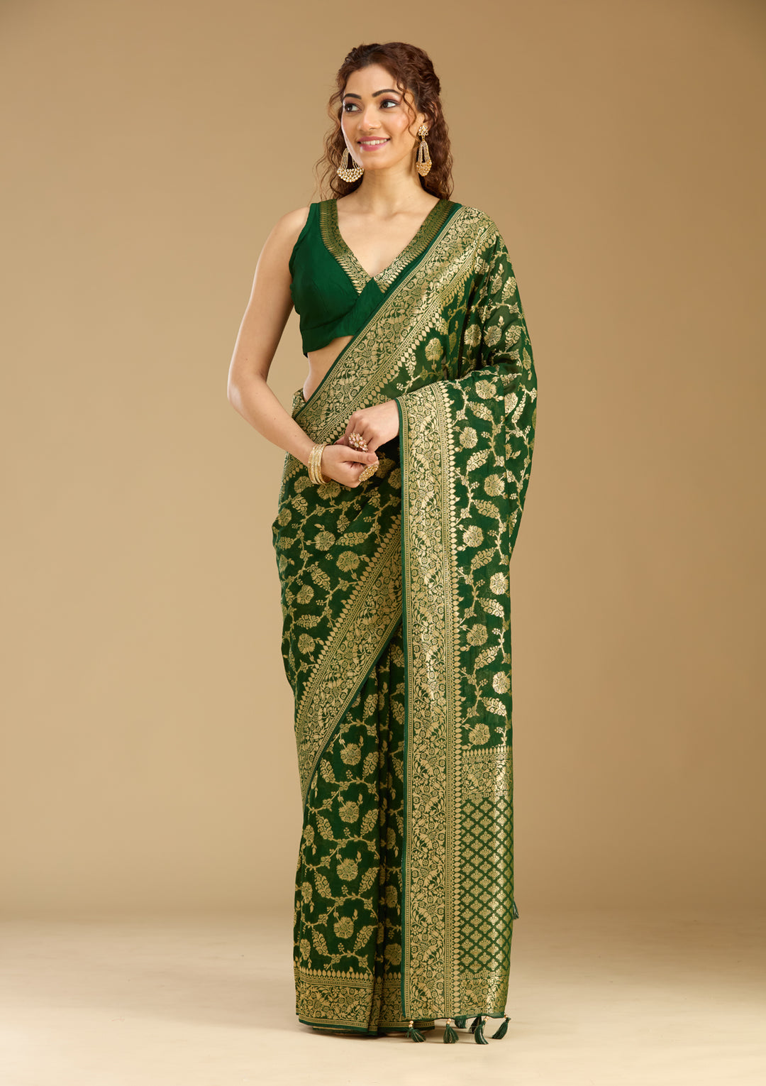 Bottle Green Georgette Jaal Gold Zariwork Saree With Matching Blouse Piece
