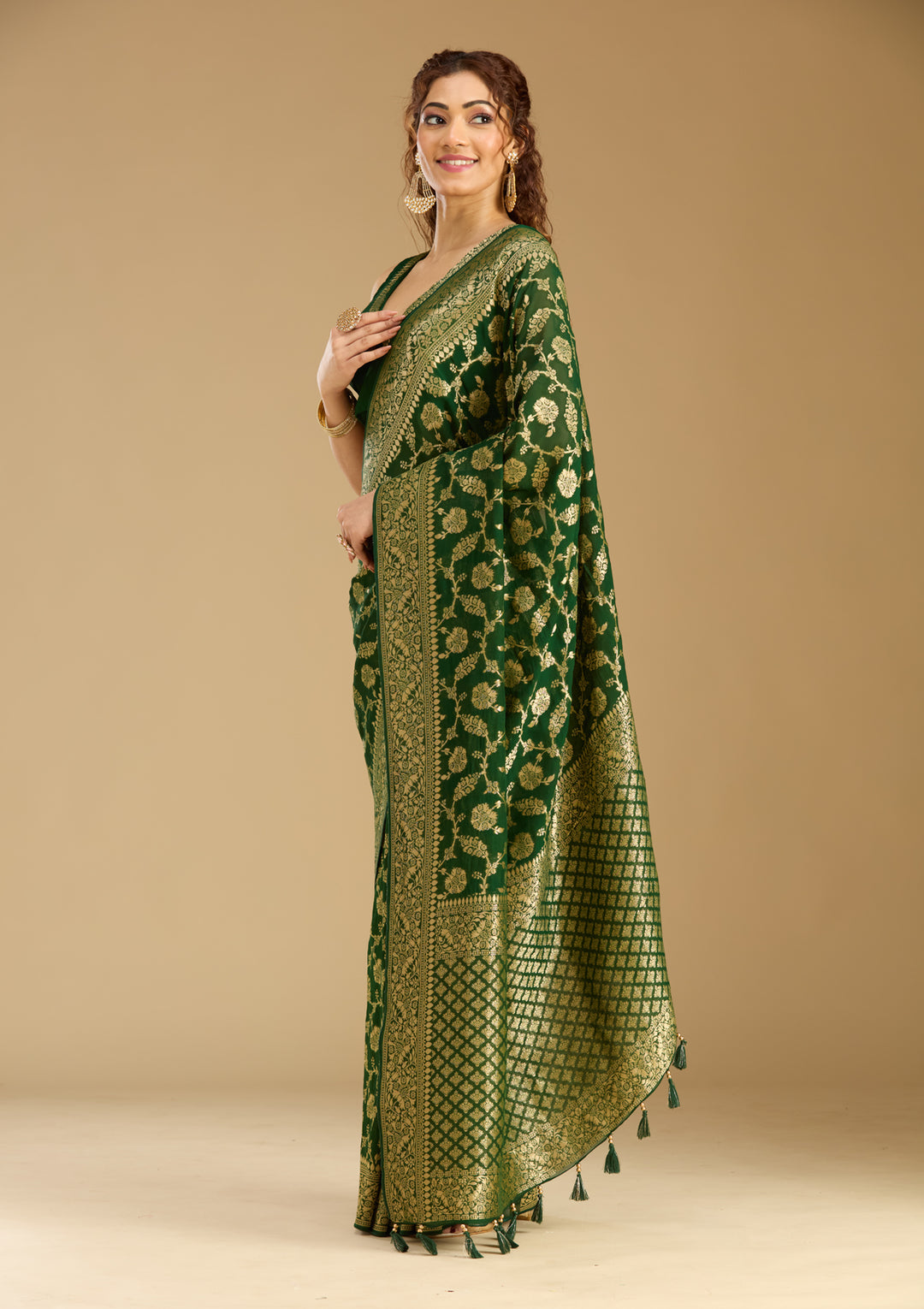 Bottle Green Georgette Jaal Gold Zariwork Saree With Matching Blouse Piece
