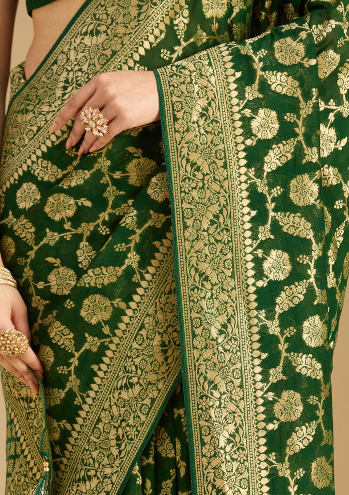 Bottle Green Georgette Jaal Gold Zariwork Saree With Matching Blouse Piece