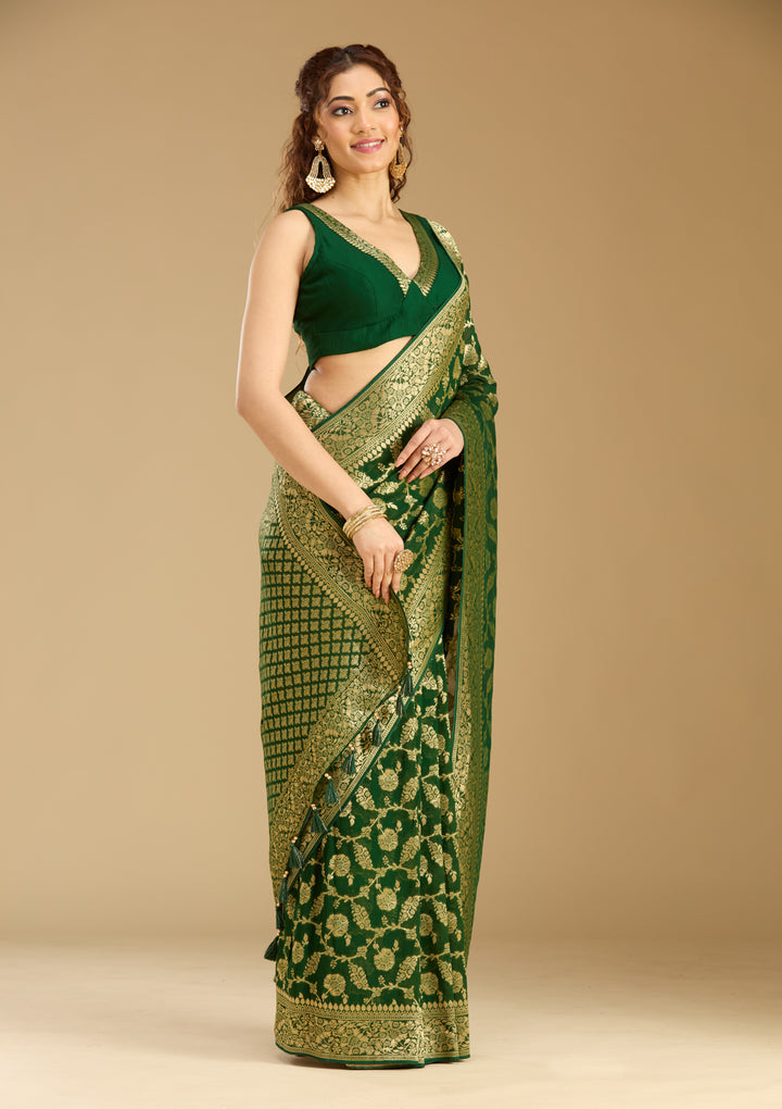 Bottle Green Georgette Jaal Gold Zariwork Saree With Matching Blouse Piece