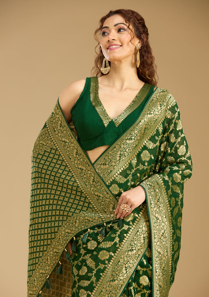 Bottle Green Georgette Jaal Gold Zariwork Saree With Matching Blouse Piece