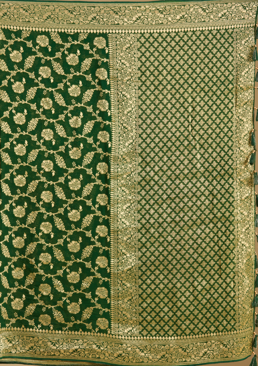 Bottle Green Georgette Jaal Gold Zariwork Saree With Matching Blouse Piece