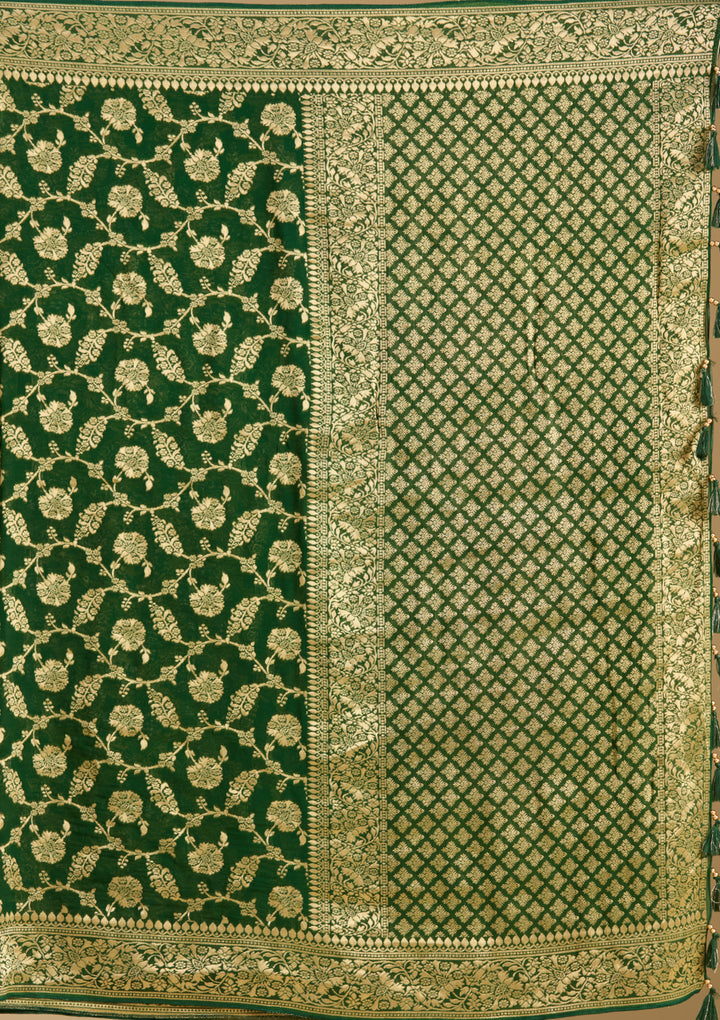 Bottle Green Georgette Jaal Gold Zariwork Saree With Matching Blouse Piece