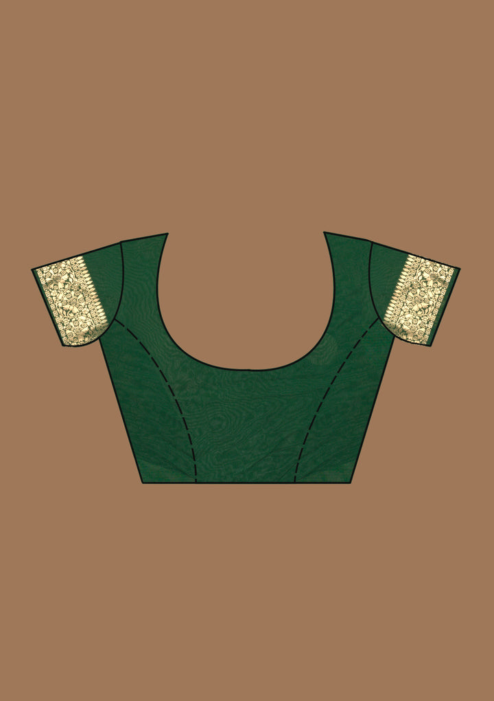Bottle Green Georgette Jaal Gold Zariwork Saree With Matching Blouse Piece