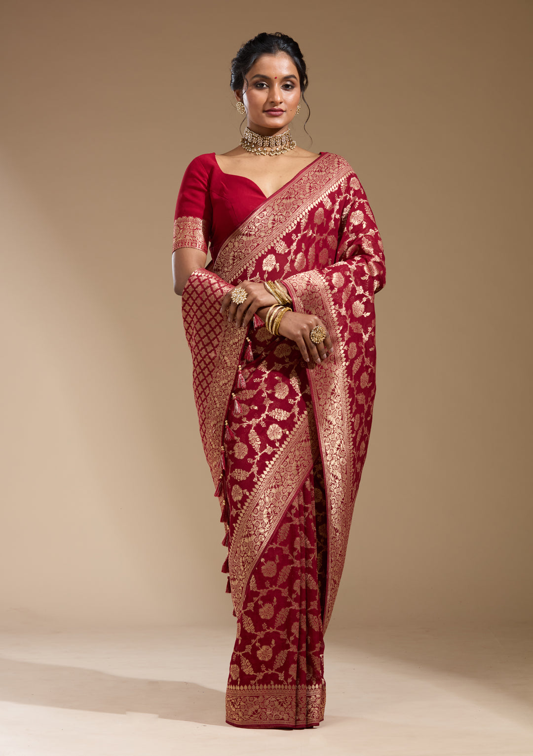 Maroon Georgette Jaal Gold Zariwork Saree With Matching Blouse Piece