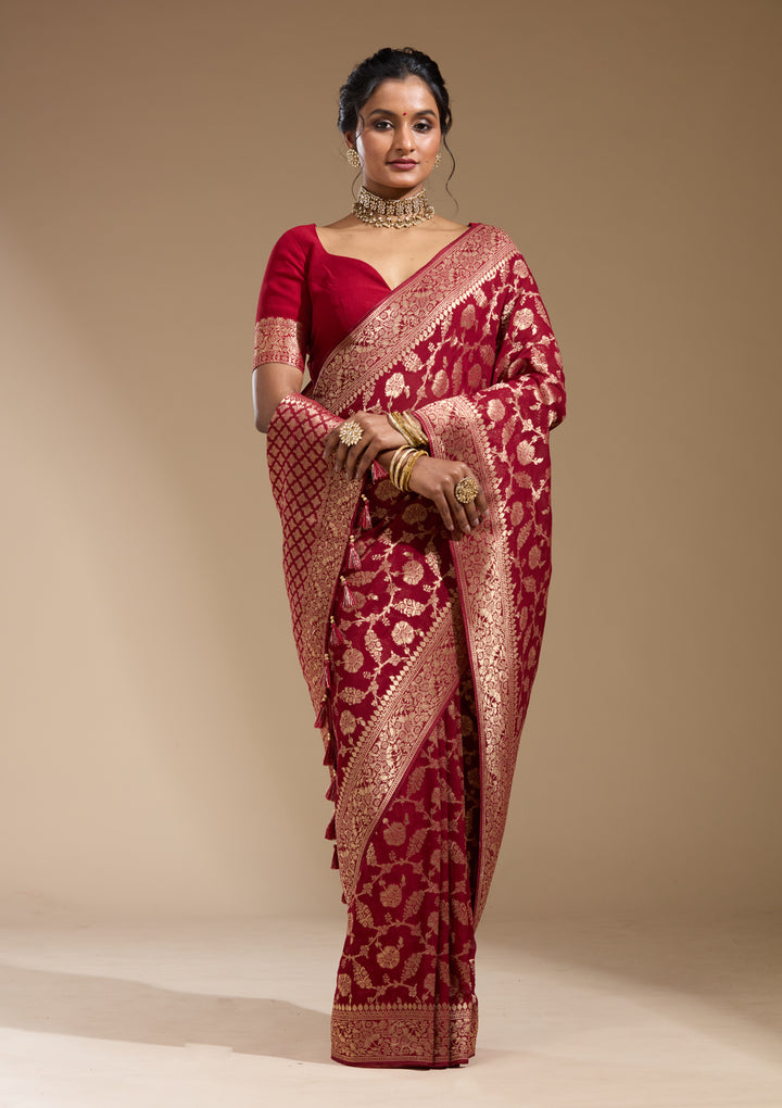 Maroon Georgette Jaal Gold Zariwork Saree With Matching Blouse Piece