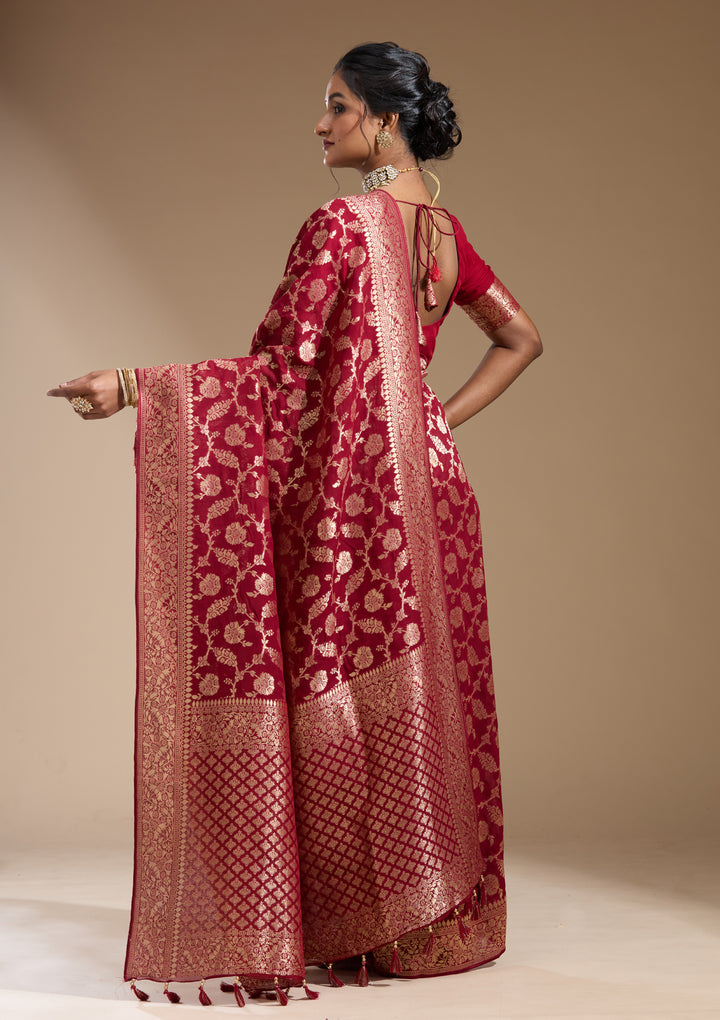 Maroon Georgette Jaal Gold Zariwork Saree With Matching Blouse Piece