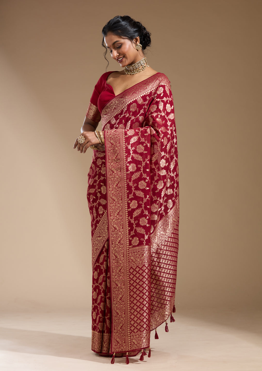 Maroon Georgette Jaal Gold Zariwork Saree With Matching Blouse Piece