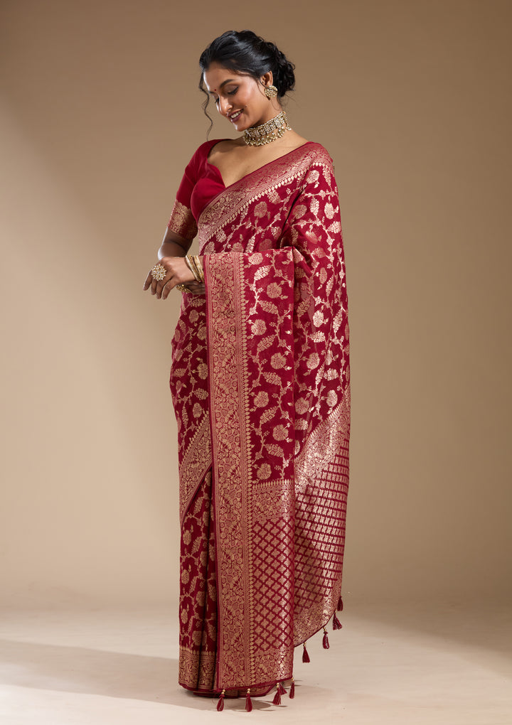Maroon Georgette Jaal Gold Zariwork Saree With Matching Blouse Piece