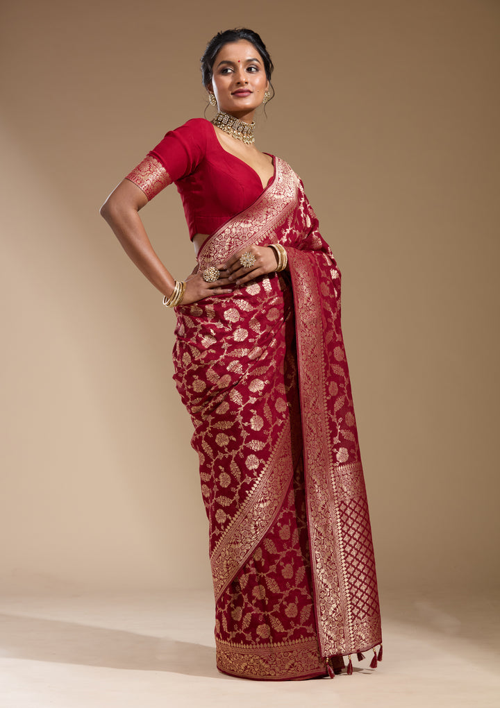 Maroon Georgette Jaal Gold Zariwork Saree With Matching Blouse Piece