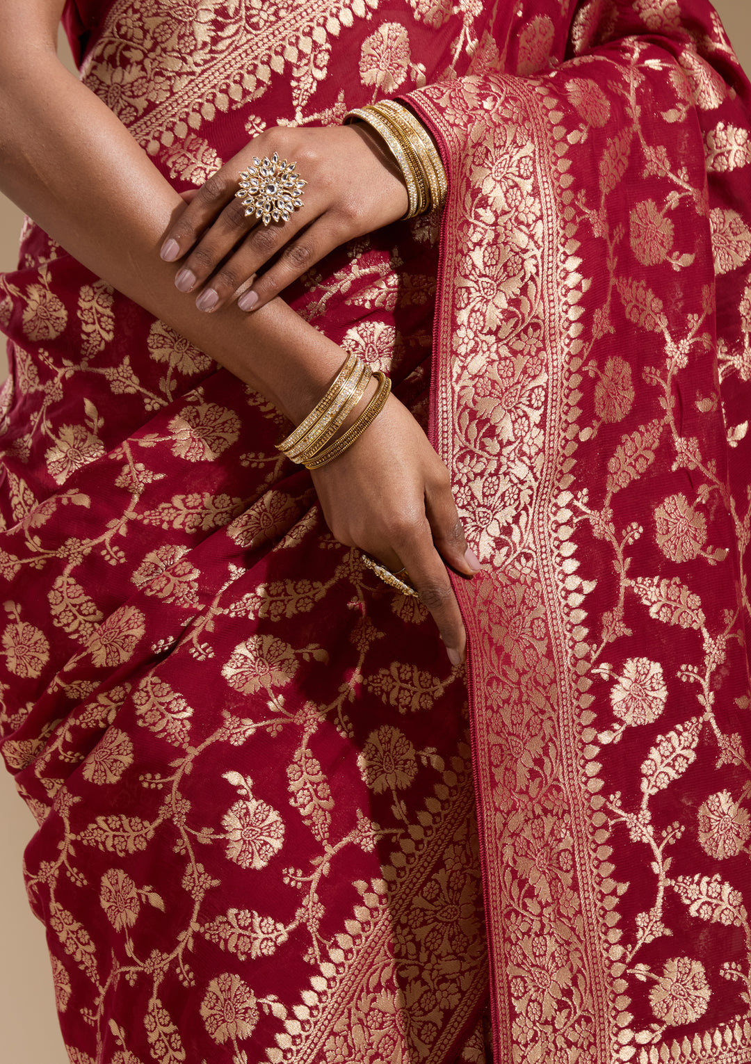 Maroon Georgette Jaal Gold Zariwork Saree With Matching Blouse Piece