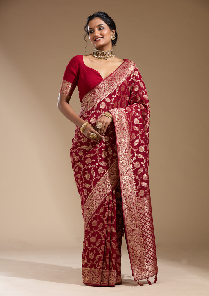 Maroon Georgette Jaal Gold Zariwork Saree With Matching Blouse Piece