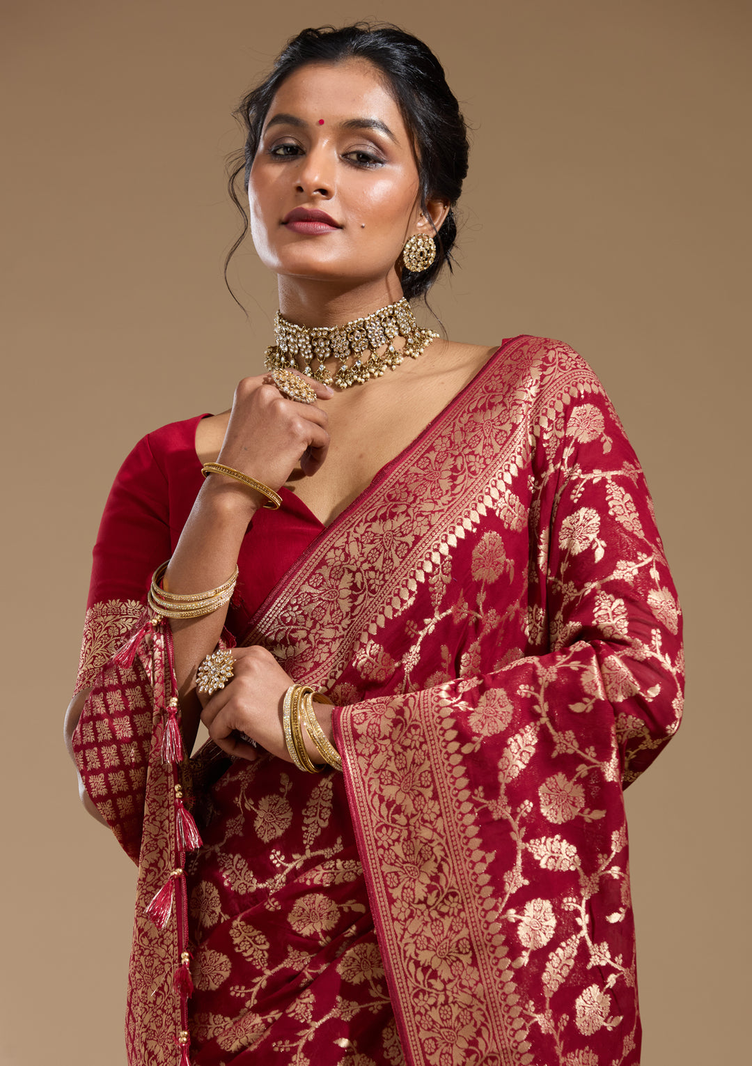 Maroon Georgette Jaal Gold Zariwork Saree With Matching Blouse Piece