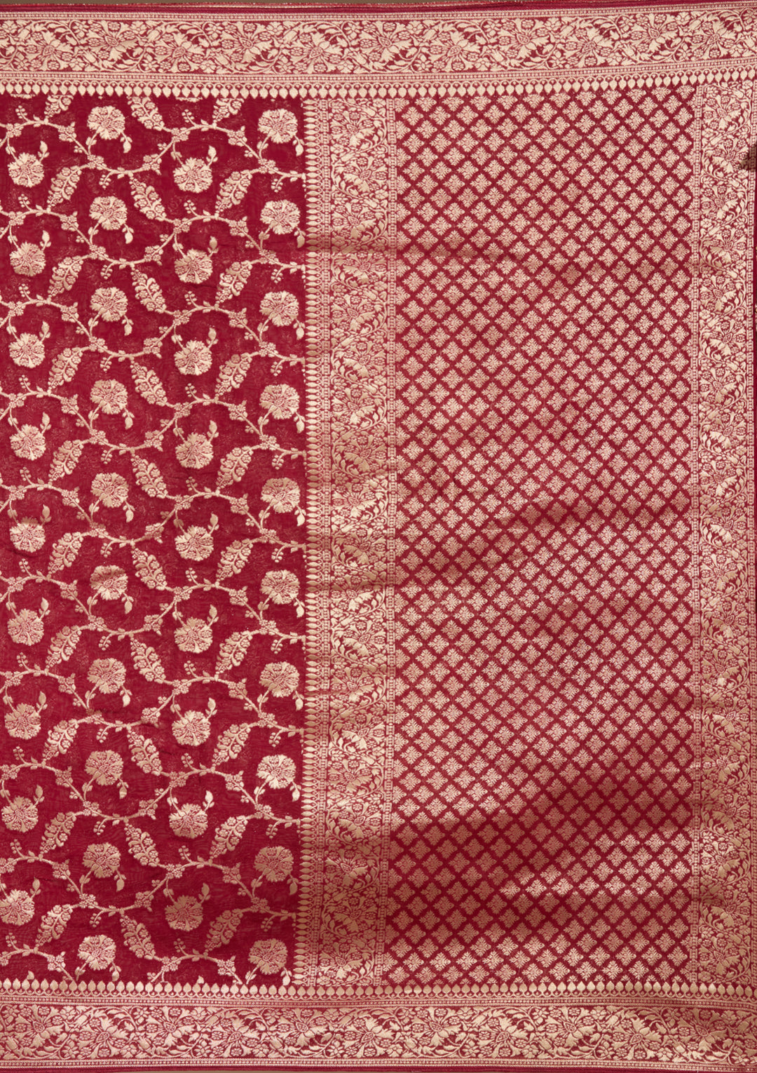 Maroon Georgette Jaal Gold Zariwork Saree With Matching Blouse Piece