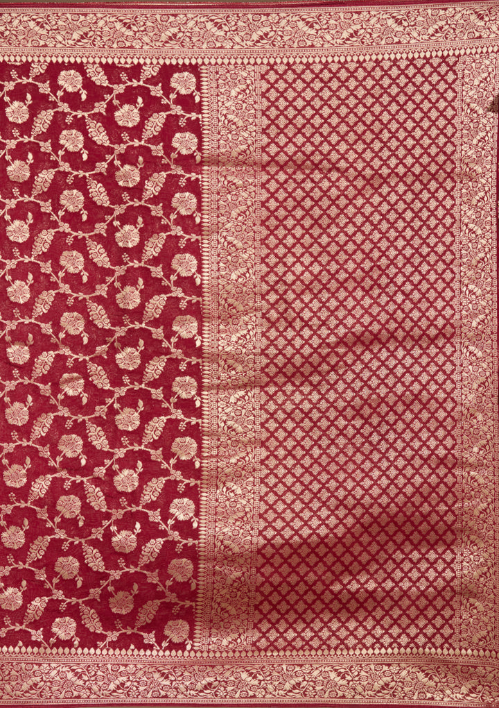 Maroon Georgette Jaal Gold Zariwork Saree With Matching Blouse Piece