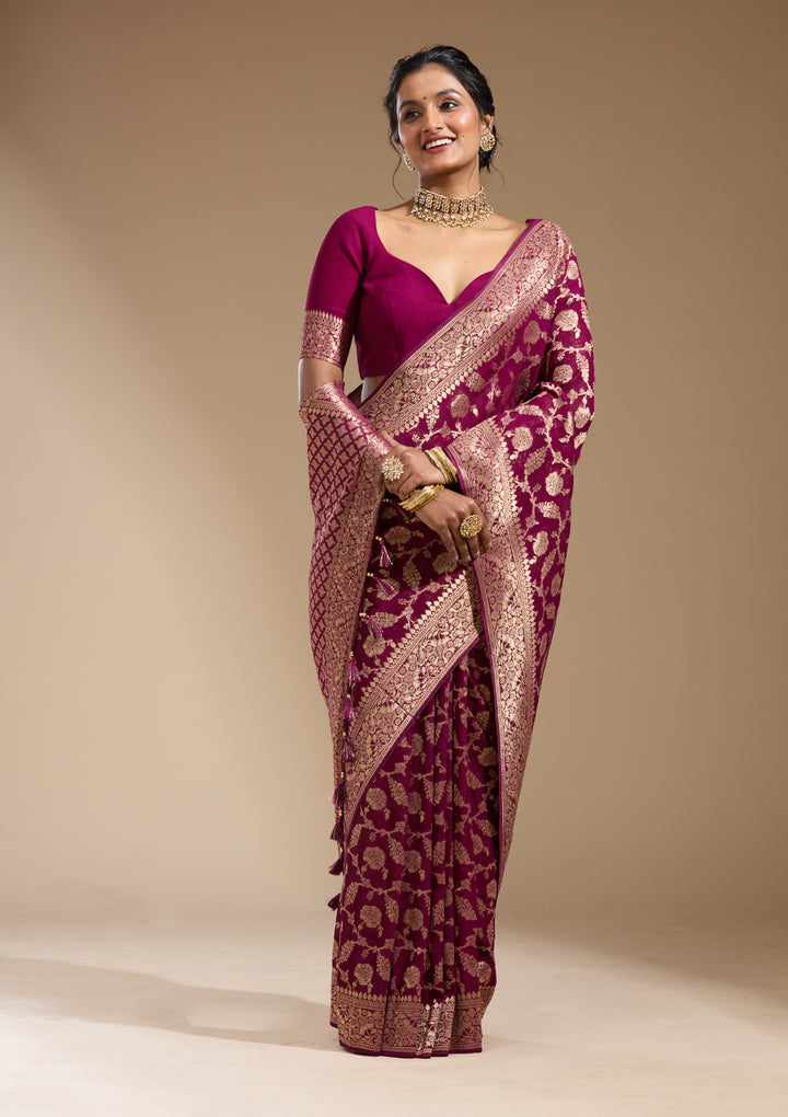 Wine Georgette Jaal Gold Zariwork Saree With Matching Blouse Piece