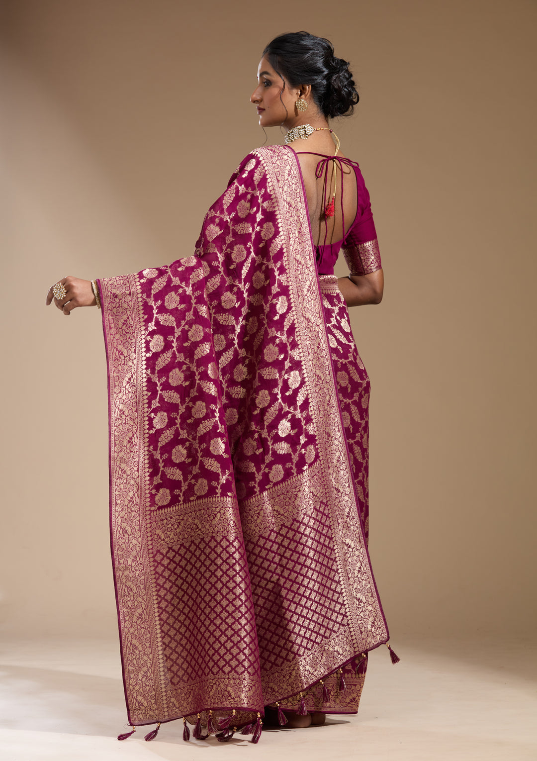 Wine Georgette Jaal Gold Zariwork Saree With Matching Blouse Piece