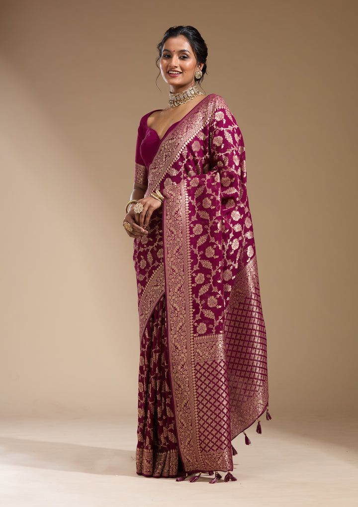 Wine Georgette Jaal Gold Zariwork Saree With Matching Blouse Piece