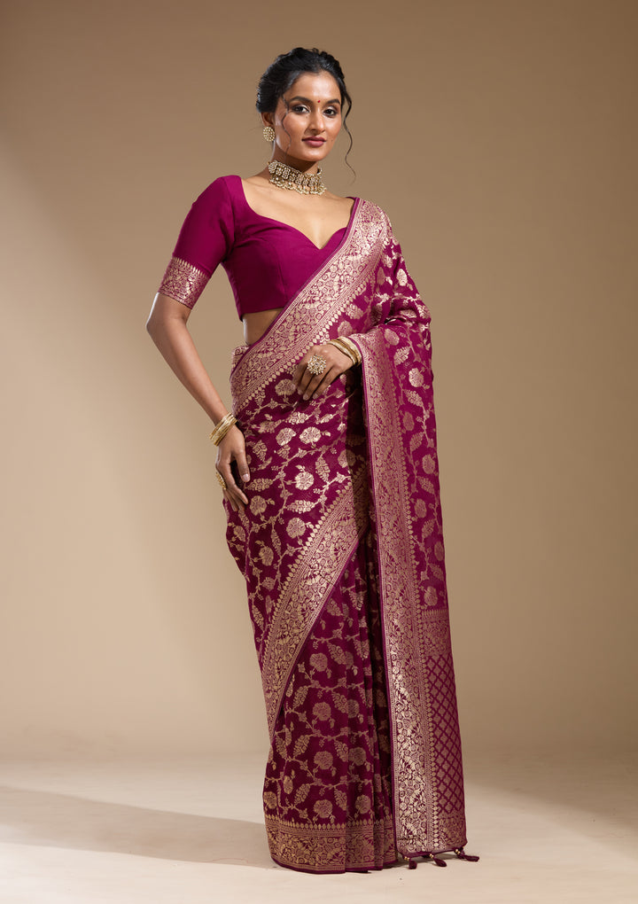 Wine Georgette Jaal Gold Zariwork Saree With Matching Blouse Piece