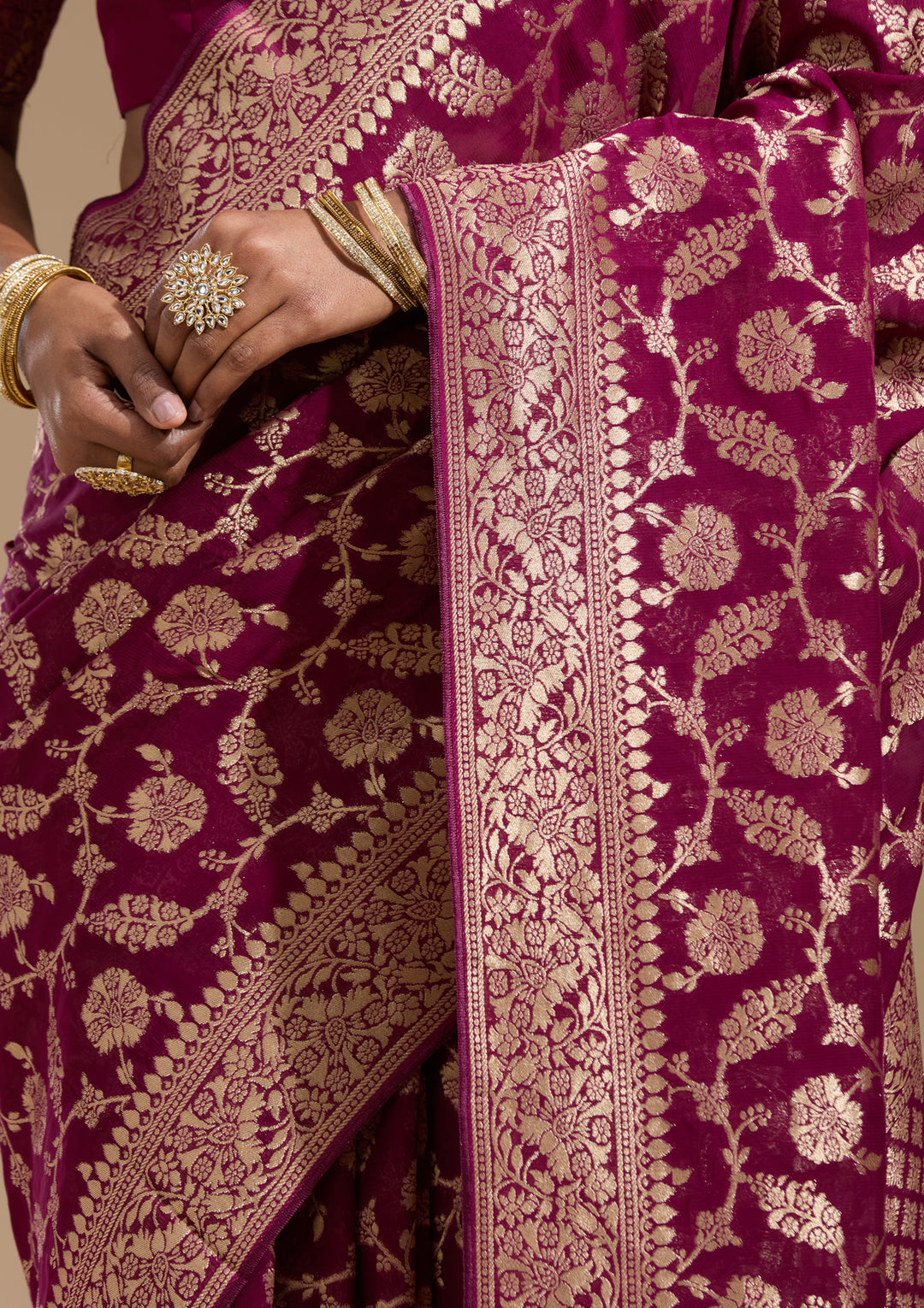 Wine Georgette Jaal Gold Zariwork Saree With Matching Blouse Piece