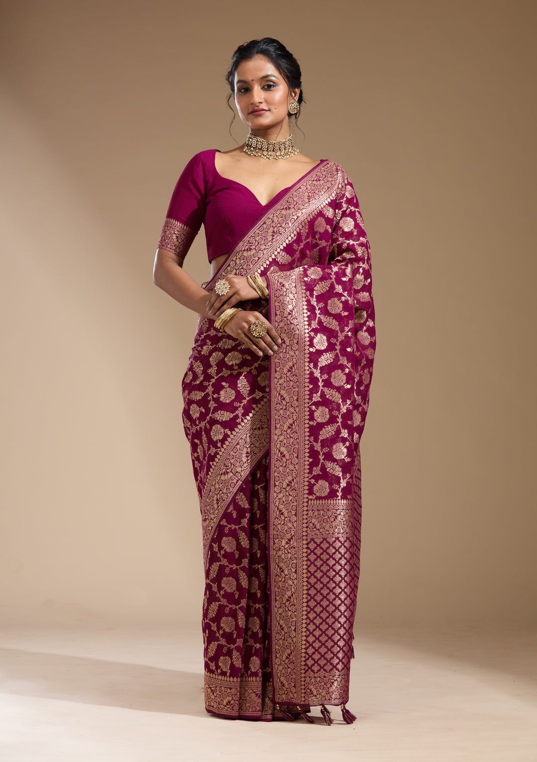 Wine Georgette Jaal Gold Zariwork Saree With Matching Blouse Piece