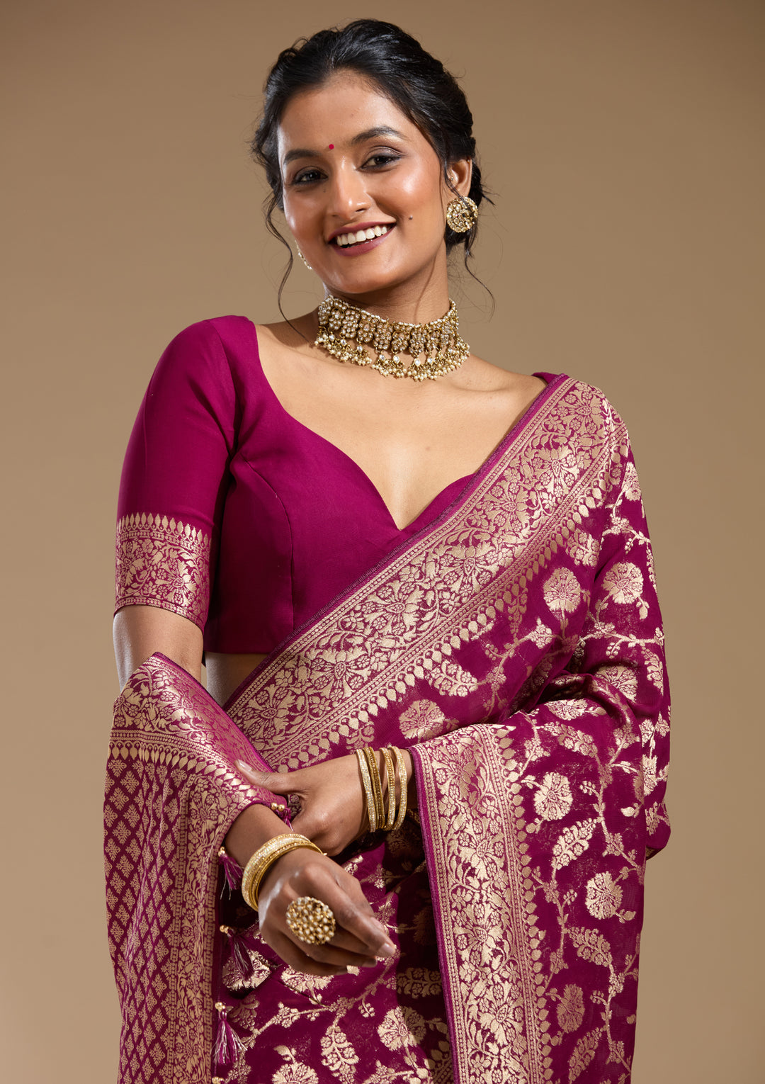 Wine Georgette Jaal Gold Zariwork Saree With Matching Blouse Piece