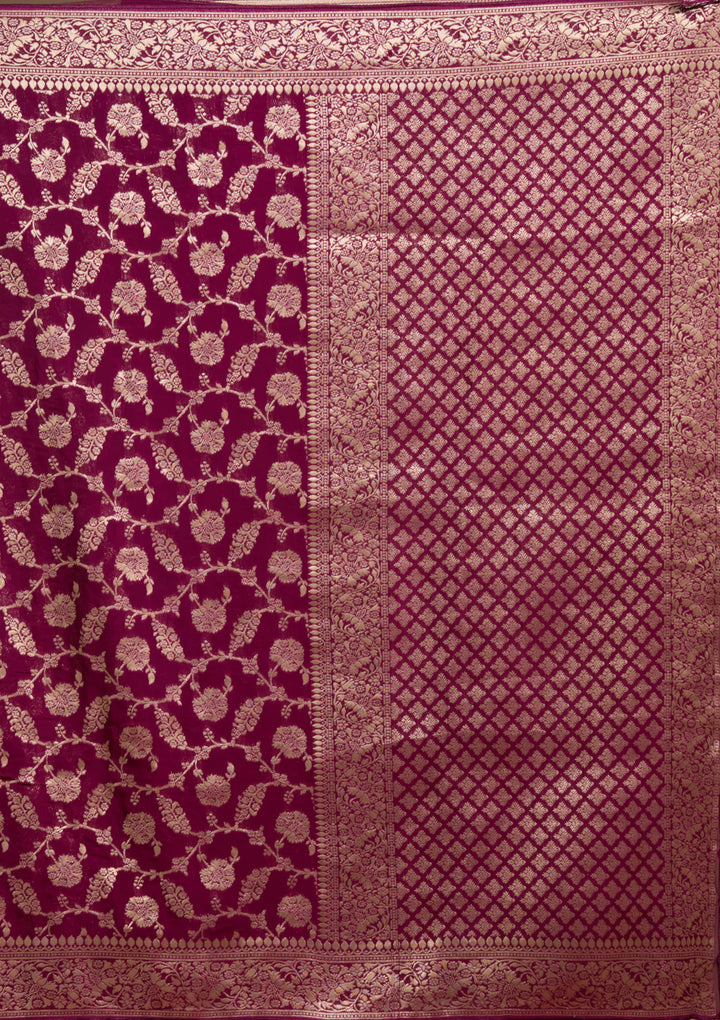 Wine Georgette Jaal Gold Zariwork Saree With Matching Blouse Piece