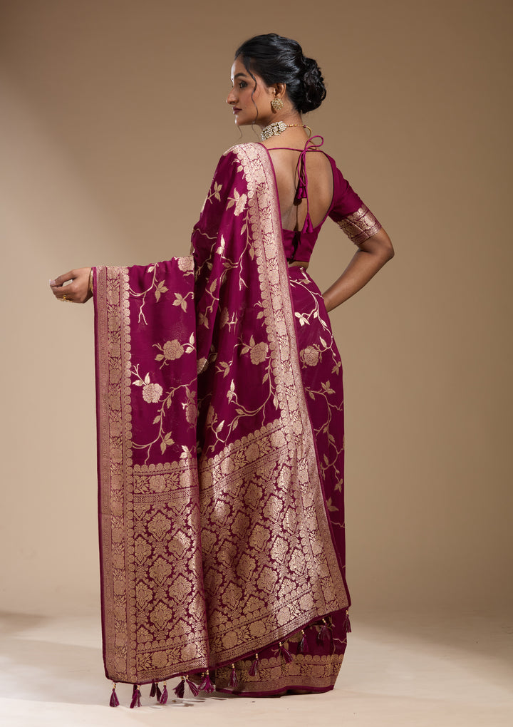 Wine Georgette Jaal Gold Zariwork Saree With Matching Blouse Piece