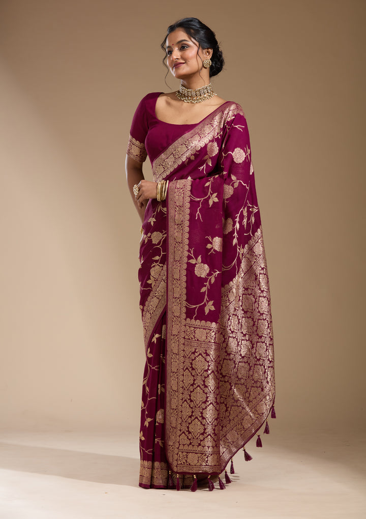 Wine Georgette Jaal Gold Zariwork Saree With Matching Blouse Piece