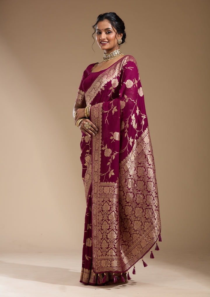 Wine Georgette Jaal Gold Zariwork Saree With Matching Blouse Piece
