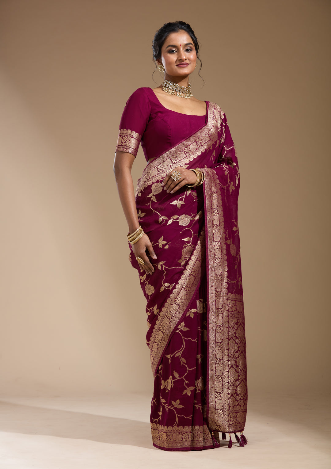 Purple Zariwork (Gold) Georgette Silk Saree