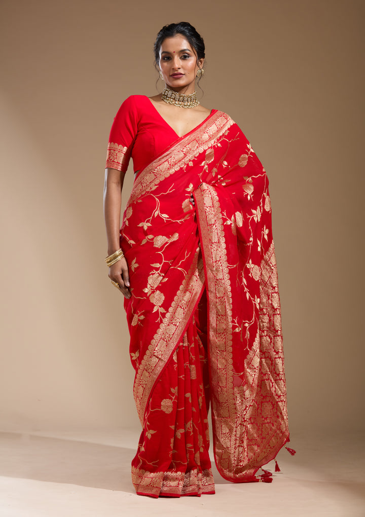 Red Georgette Jaal Gold Zariwork Saree With Matching Blouse Piece