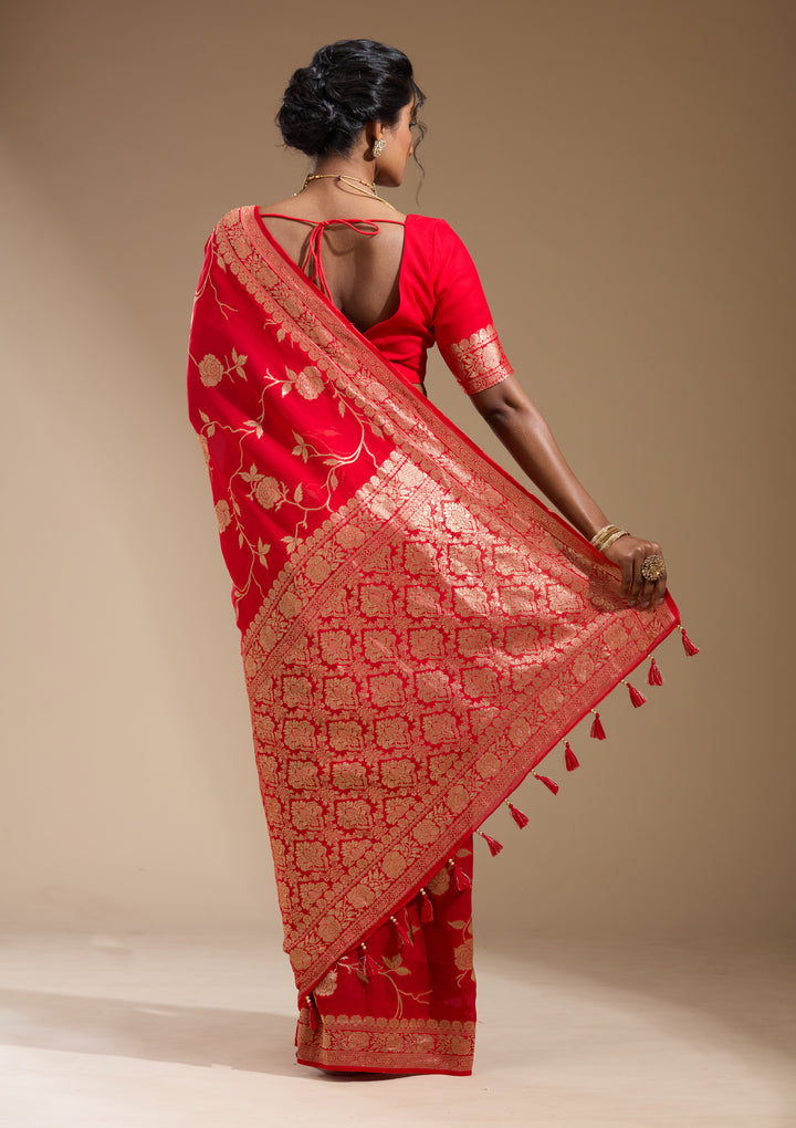 Red Georgette Jaal Gold Zariwork Saree With Matching Blouse Piece