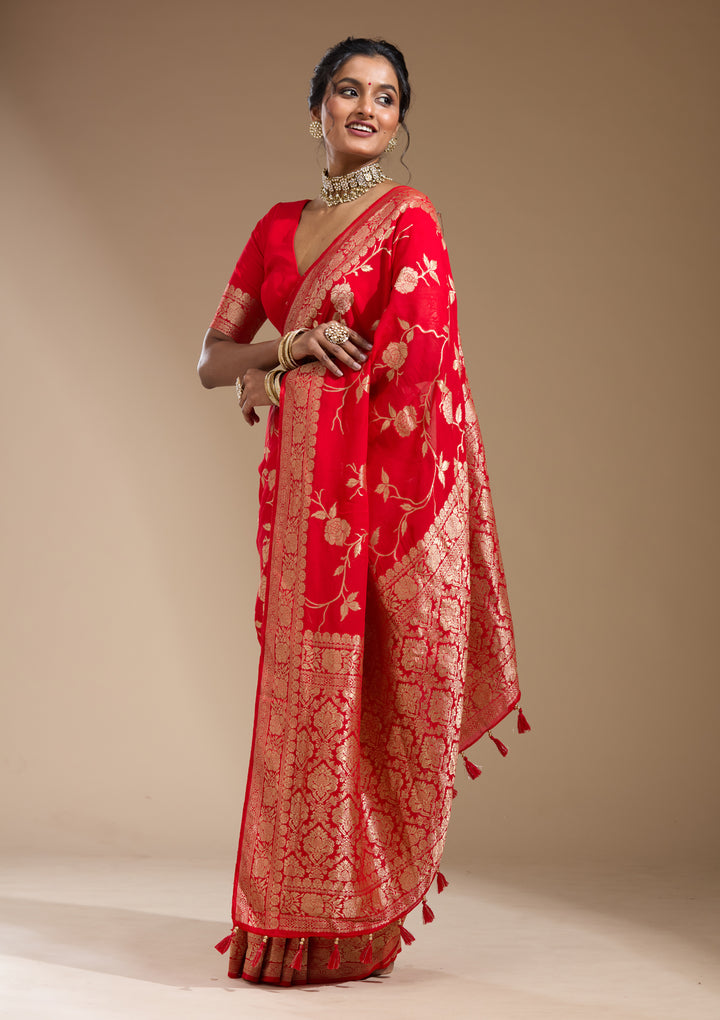 Red Georgette Jaal Gold Zariwork Saree With Matching Blouse Piece
