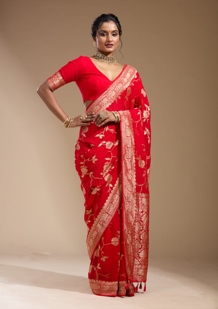 Red Georgette Jaal Gold Zariwork Saree With Matching Blouse Piece